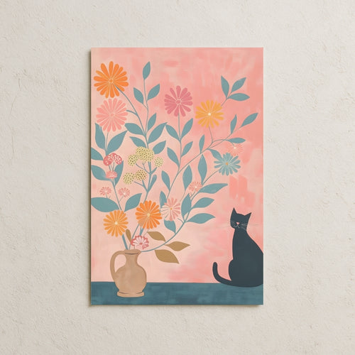 Vazodaki Çiçekler ve Siyah Kedi Posteri